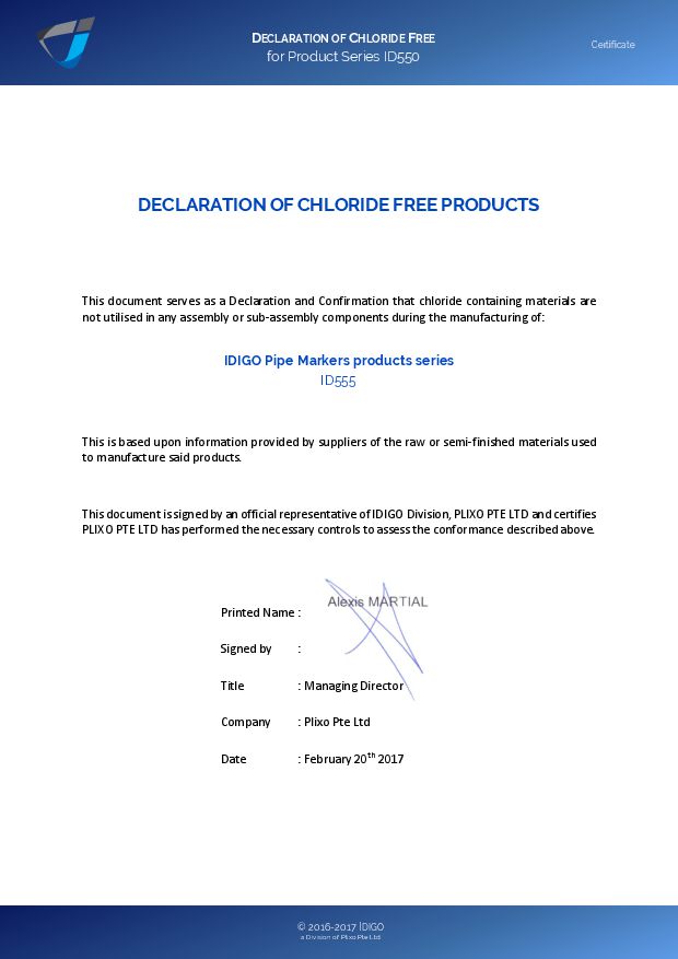 Declaration Chloride Free ID-P555, front page image